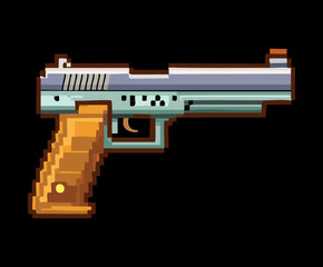 Sleek silver pixel art handgun with wooden grip for modern retro platformer game weapon collection and combat