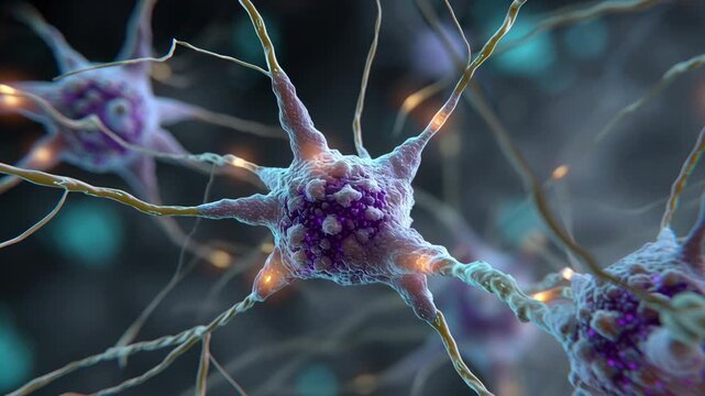 Purple neuron cell glowing with electric impulses, detailed neural network structure, vibrant energetic mood, science biology medical microscopic