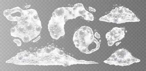 Realistic soap bubbles and foam on transparent background, perfect for cleaning, hygiene, and bath-themed designs. Vector illustration.