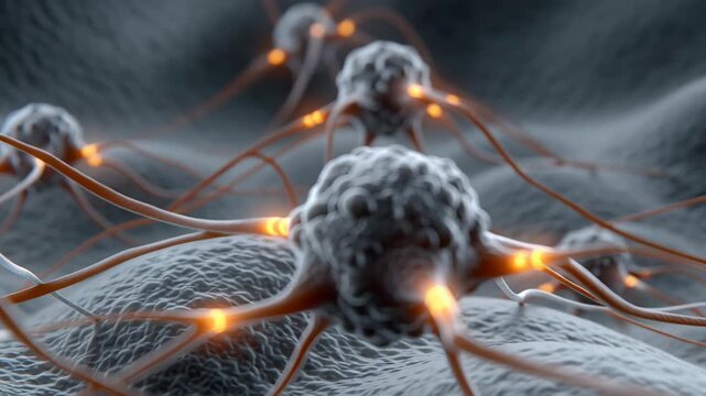 Neurons glowing with electrical impulses and intricate structure, neural network brain cell communication, science medical abstract futuristic energy