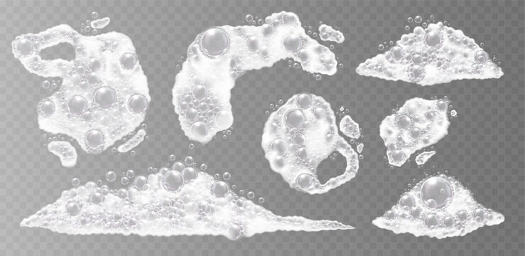 Realistic soap bubbles and foam on transparent background, perfect for cleaning, hygiene, and bath-themed designs. Vector illustration.