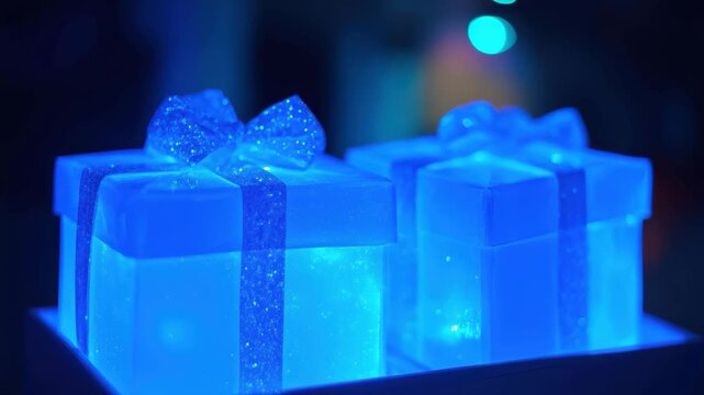 Two beautifully wrapped blue gifts with shimmering bows glow softly, creating a magical atmosphere ideal for celebrations during the night.