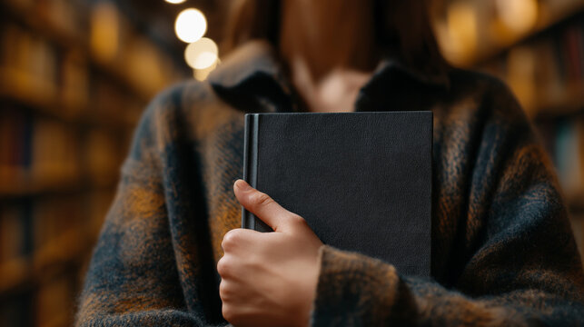 Person holding dark hardcover book in warm library corridor with soft ambient lighting and shelves
