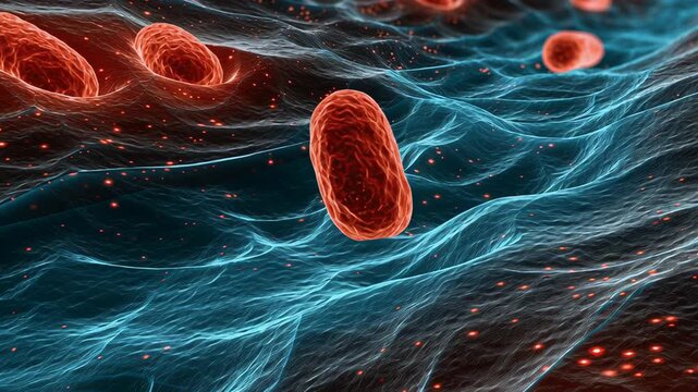 Bioluminescent mitochondrion glowing dynamic blue red cellular matrix, vibrant organelle energy science biology, cell network highlights glowing