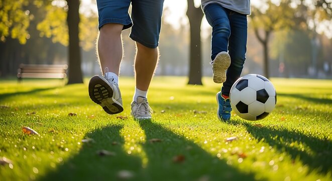 Father and child playing soccer in a sunlit park daughter - Powered by Adobe