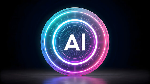 Glowing ai symbol inside futuristic circular digital interface and neon technology
