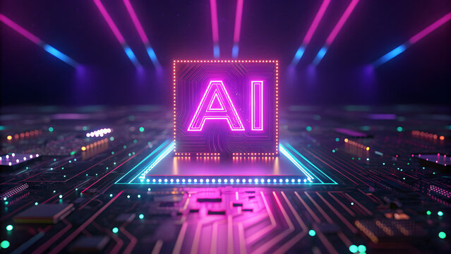 Neon ai chip glowing on futuristic digital circuit representing advanced technology
