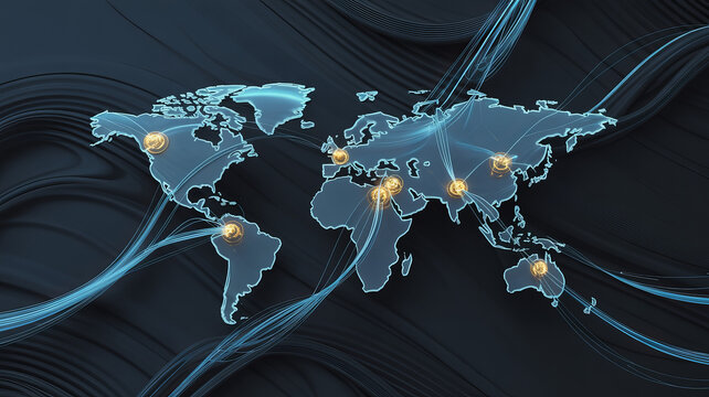 Global network connections with glowing points across the world, demonstrating global communication in stunning detail for modern business and technology