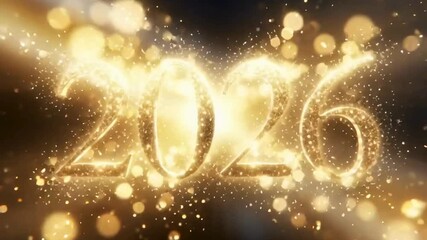 A cinematic typography reveal of "2026" in golden serif font with shimmering particles against a black background.