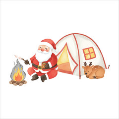 Santa Camping with Tent Watercolor Vector Illustration
