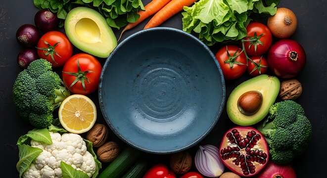 Vibrant assortment of fresh produce arranged around a blue bowl - Powered by Adobe