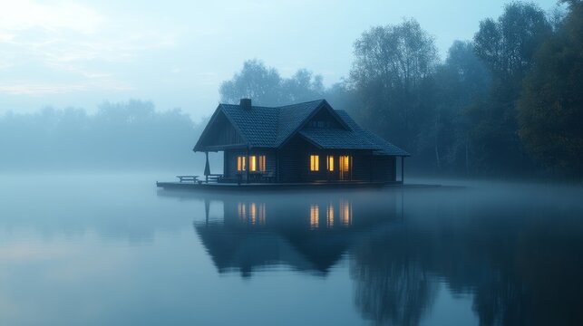 A cozy cabin radiates warmth with glowing windows, surrounded by a foggy lake at dawn - Powered by Adobe