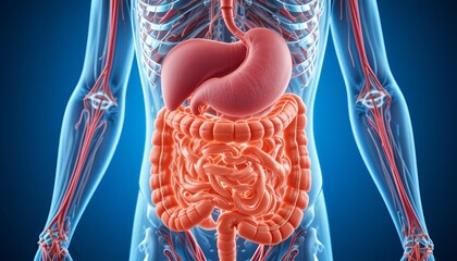 Detailed anatomical illustration of the human digestive system, showing intestines, stomach, and surrounding blood vessels with clear structure and vibrant medical visualization