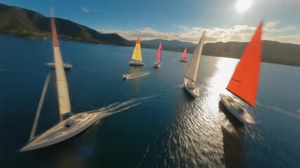 Sailboat race on a clear blue sea with mountains in the background and sun glare sailing