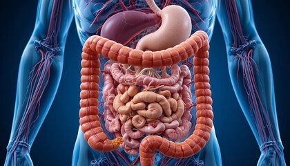 Detailed anatomical illustration of the human digestive system, showing intestines, stomach, and surrounding blood vessels with clear structure and vibrant medical visualization