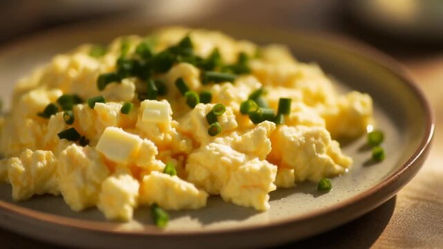 Scrambled eggs with chives and butter on a plate, close-up shot with soft lighting breakfast