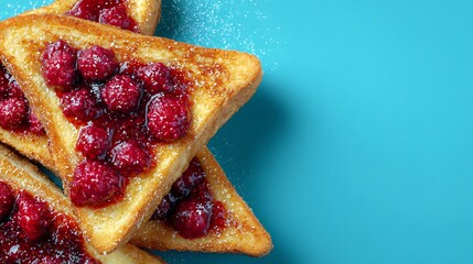 Three slices of toast with raspberry jam on top. The toast is arranged in a triangular shape. Concept of indulgence and comfort, as the toast is a simple yet satisfying breakfast option