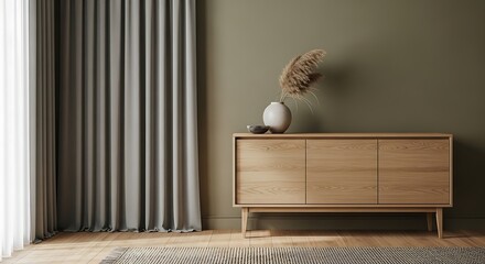 Modern wooden sideboard with minimalist decor in a softly lit room