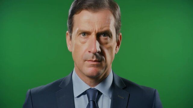 Serious Middle- Aged Man in a Dark Suit and Tie Looking Directly at the Camera Against a Green Screen