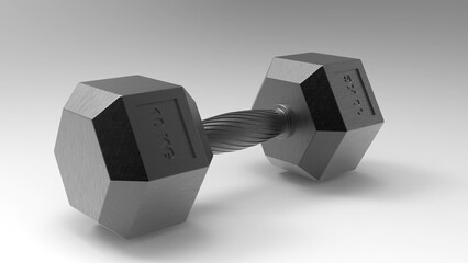 Sleek metallic black hexagonal 10 kg dumbbell with engraved wight and knurled grip on white. 3D render
