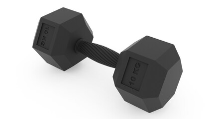 Robust black hexagonal 10kg dumbbell with textured knurled grip for strength training on white background. 3D render