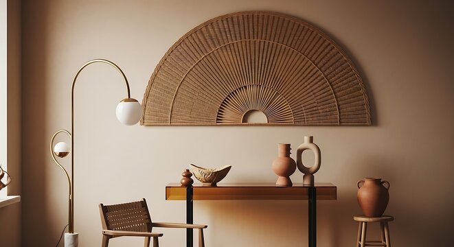 Elegant living room with arched wall art and decorative objects