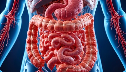 Detailed anatomical illustration of the human digestive system, showing intestines, stomach, and surrounding blood vessels with clear structure and vibrant medical visualization