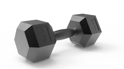 Sleek metallic black hexagonal 10 kg dumbbell with engraved wight and knurled grip. 3D render
