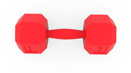 Sturdy vibrant red hexagonal 10kg dumbbell with ergonomic knurled grip for fitness enthusiasts on white background. 3D render