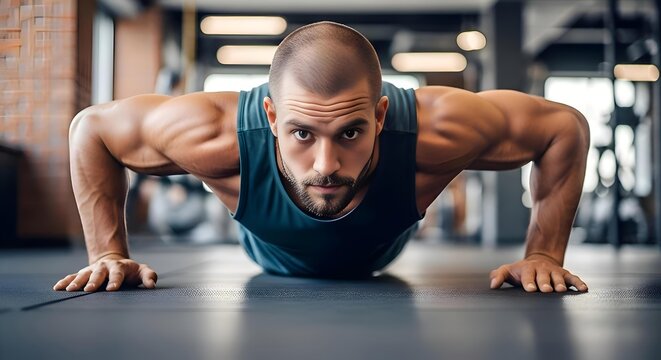 Muscular Man Performing Intense Push up Exercise on Gym Floor with Focused Expression