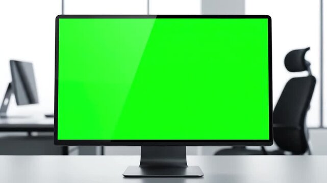 Empty Office Tech Scene with close up of green screen on computer in business isolated template and mock background chroma key monitor nobody workplace copy space app display distortion, overlay