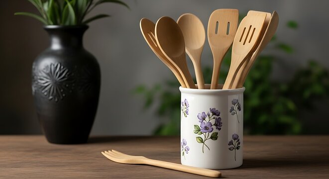 Wooden kitchen utensils in a floral ceramic holder with a tall black vase