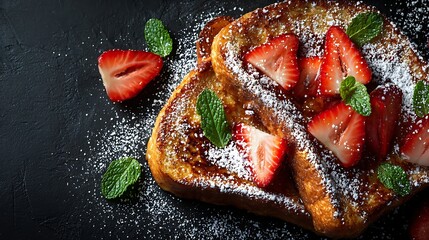 A plate of french toast with strawberries and mint. The plate is on a black background. The plate is full of food and the strawberries are on top of the toast