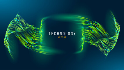 Green Glowing Dots Wave Lines Abstract Background. Futuristic Energy Flow, Digital Tech, Data Stream Design, Sustainable Renewable Energy Presentation Backdrop. Green Tech and Science Vector.