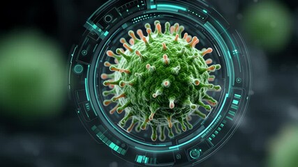 Futuristic virus cell with digital interface, green and orange spike technology, advanced immune system concept, science health innovation - Powered by Adobe