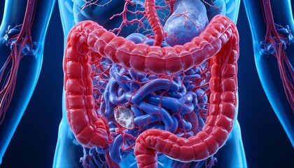 Detailed anatomical illustration of the human digestive system, showing intestines, stomach, and surrounding blood vessels with clear structure and vibrant medical visualization