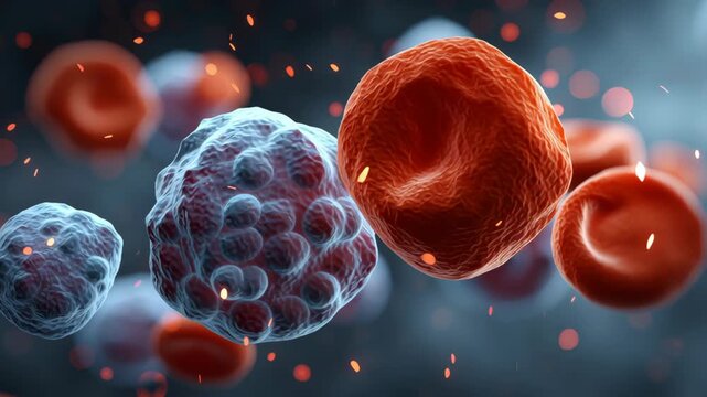 Cancer immunotherapy concept ,Red blood cell white blood cell plasma glowing particle medical science microscopic dynamic energetic health biology