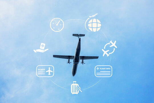 Online flight booking concept. Turboprop plane with digital travel icons in blue sky. This visual represents the convenience of using mobile apps and online solutions for booking, check-in