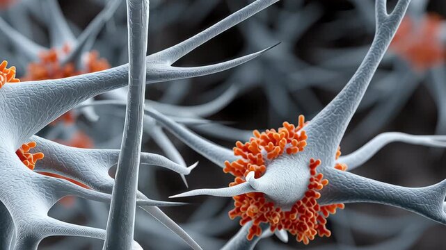 Neuron cell with orange synapse connection close up detailed texture scientific biological medical futuristic neural network microscopic dynamic