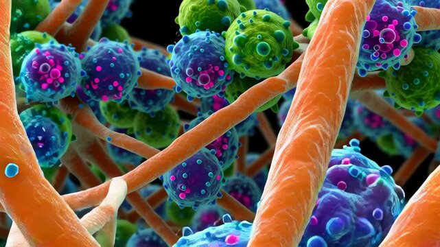 Colorful lymph node cell microscopic view with glowing purple, blue, and orange nuclei, vibrant connective tissue, energetic scientific detail