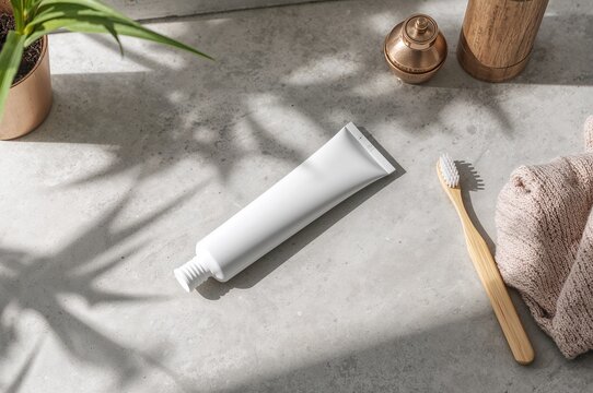 Sustainable oral care routine with natural light on concrete, featuring eco-friendly bamboo toothbrush and plant-based toothpaste for a healthy lifestyle - Powered by Adobe