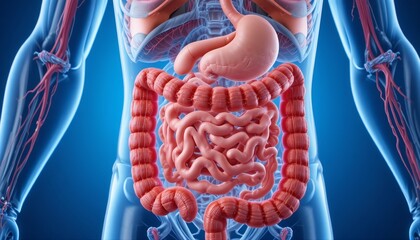 Detailed anatomical illustration of the human digestive system, showing intestines, stomach, and surrounding blood vessels with clear structure and vibrant medical visualization