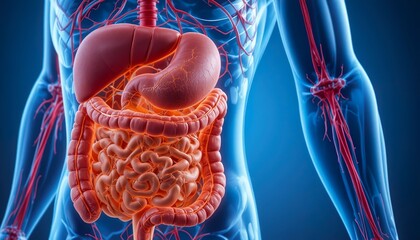 Detailed anatomical illustration of the human digestive system, showing intestines, stomach, and surrounding blood vessels with clear structure and vibrant medical visualization