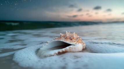 A beautiful shell lies on the soft sand, surrounded by gentle waves. The serene sky features soft colors as the sun sets. The calming atmosphere invites a moment of reflection