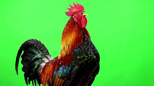 Isolated Animal Asset with singing rooster on green screen distortion, overlay, glitch, static noise, scan lines black background, 4k animated video loop