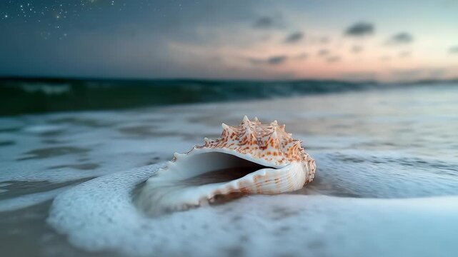 A beautiful shell lies on the soft sand, surrounded by gentle waves. The serene sky features soft colors as the sun sets. The calming atmosphere invites a moment of reflection
