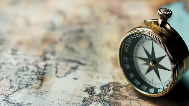 A vintage compass rests beside a stack of coins on an antique world map, evoking a sense of exploration and adventure through time and geography.