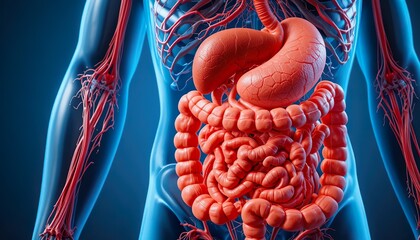 Detailed anatomical illustration of the human digestive system, showing intestines, stomach, and surrounding blood vessels with clear structure and vibrant medical visualization