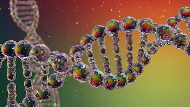 Abstract detailed 3 d rendering of a dna double helix translucent and shimmering with a gradient of colors on a dark background
