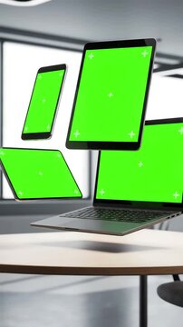 Conceptual Responsive UI/UX Showcase with levitating devices on office desk for web design presentation isolated screens in chroma key green mockup distortion, screen overlay, glitch, static noise